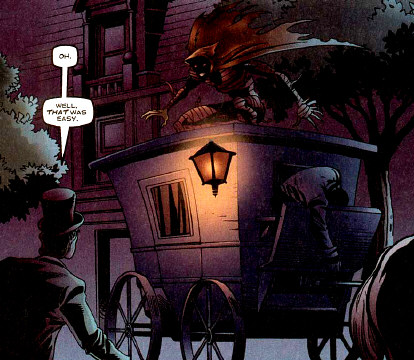 The Doctor defeats another evil alien by stapling him to the roof of a hansom cab. Maybe.